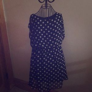 Black lace dress with beige polka dots